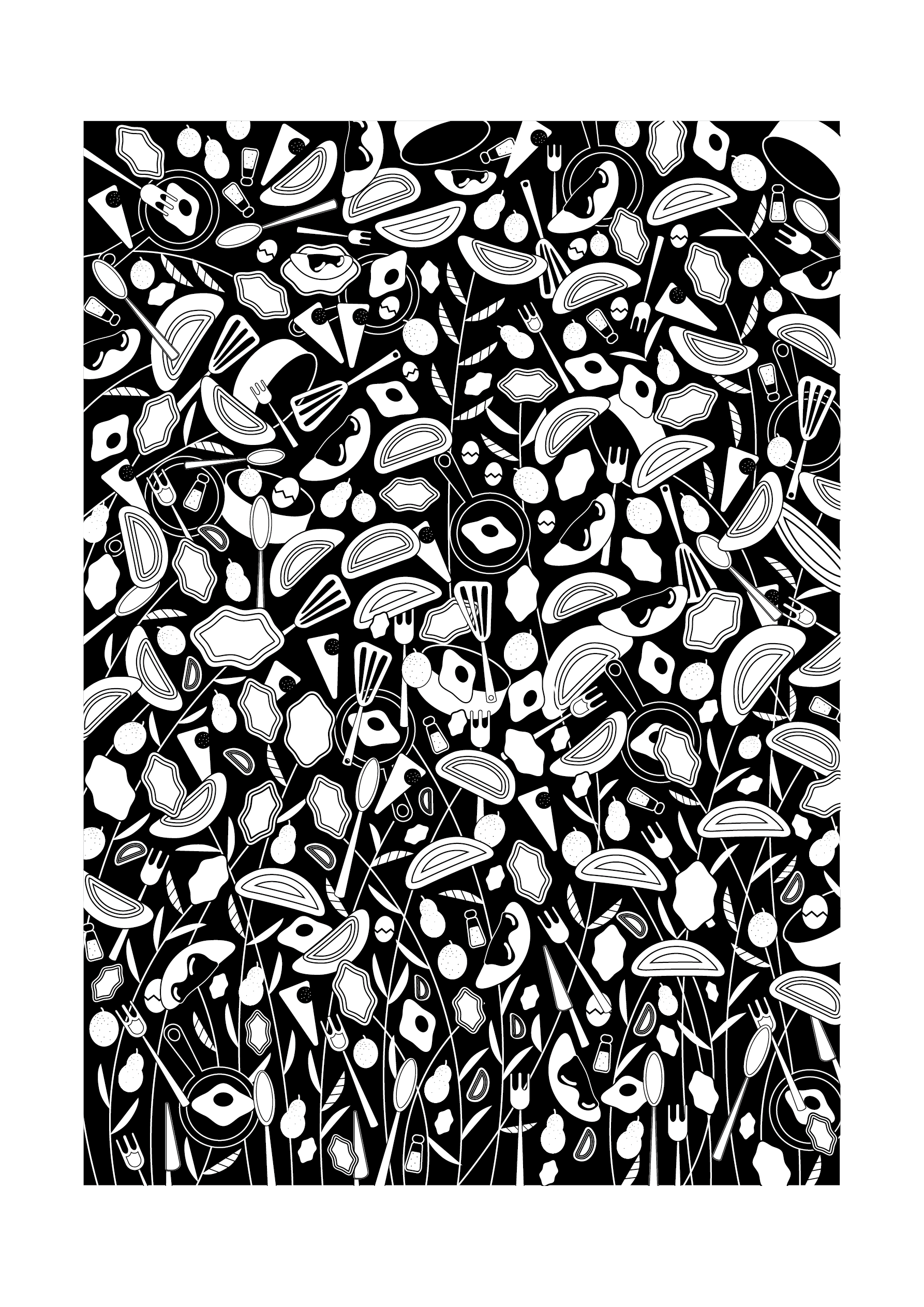 皿の花のイラスト・モノクロ